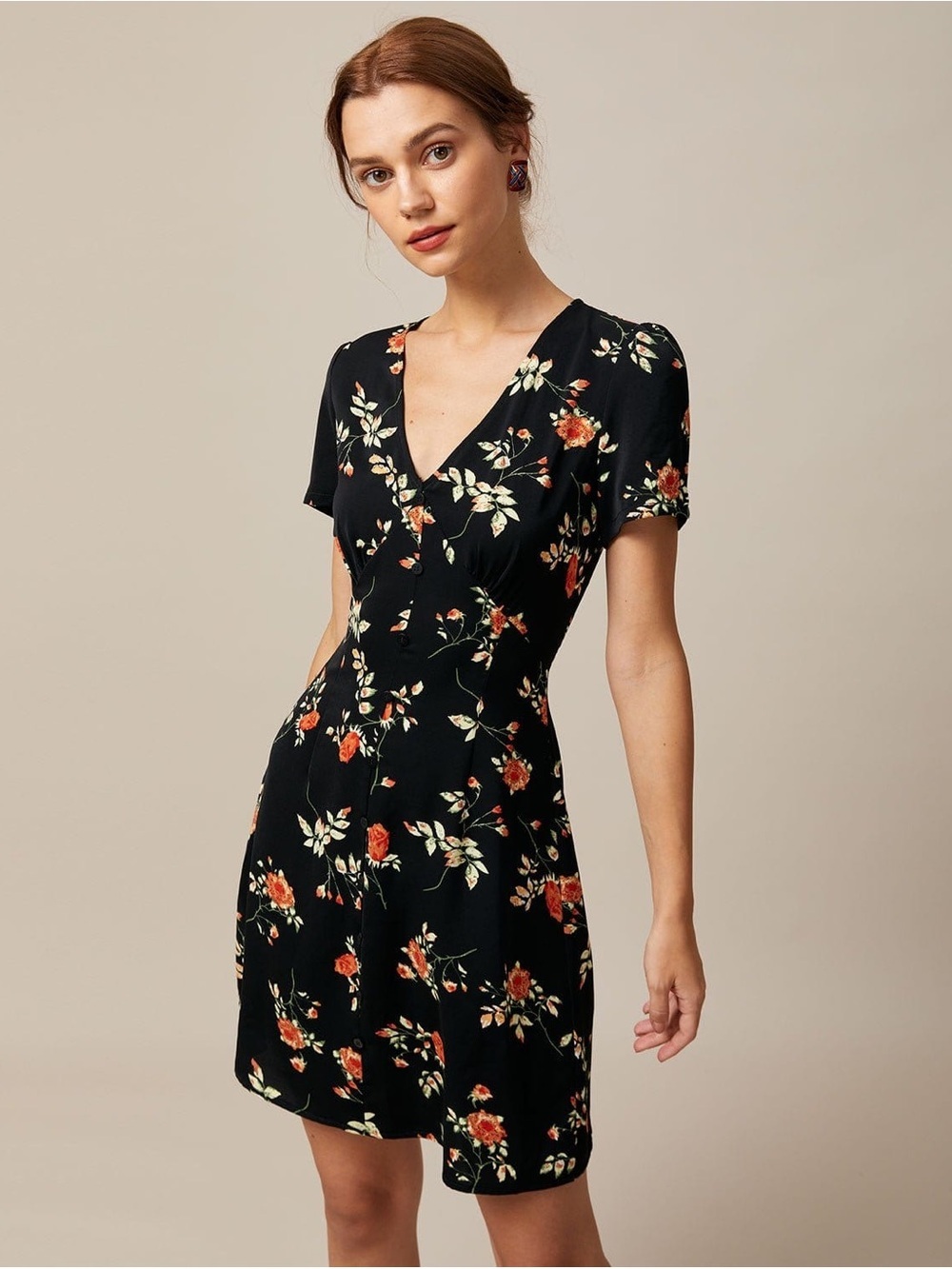 RIHOAS Black Floral V-Neck Mini Dress with Orange & Cream Flowers